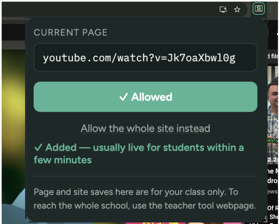 The ScreenED popup on a video page, with a green Allowed button and an option to allow the whole site instead