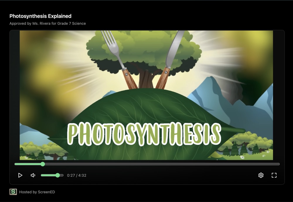 An approved video playing in the clean ScreenED player, with no suggestions, comments or search
